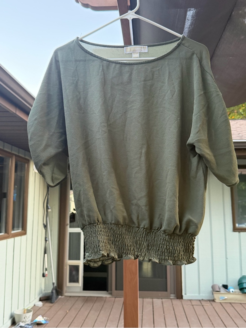 Michael Kors Olive Green Smocked-Hem Tunic Top